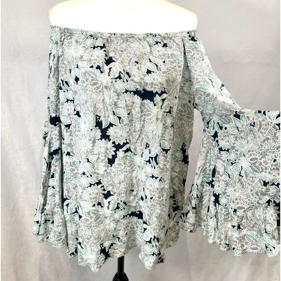 On or off shoulder gray navy and aqua print flutter sleeve top size medium - Picture 1 of 5